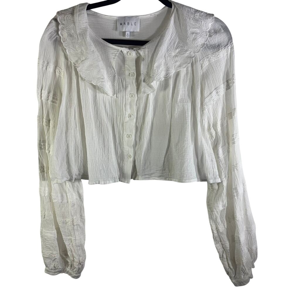 Mable White Embroidered Peter Pan Collar Gauze Crop Blouse Top Small Boho